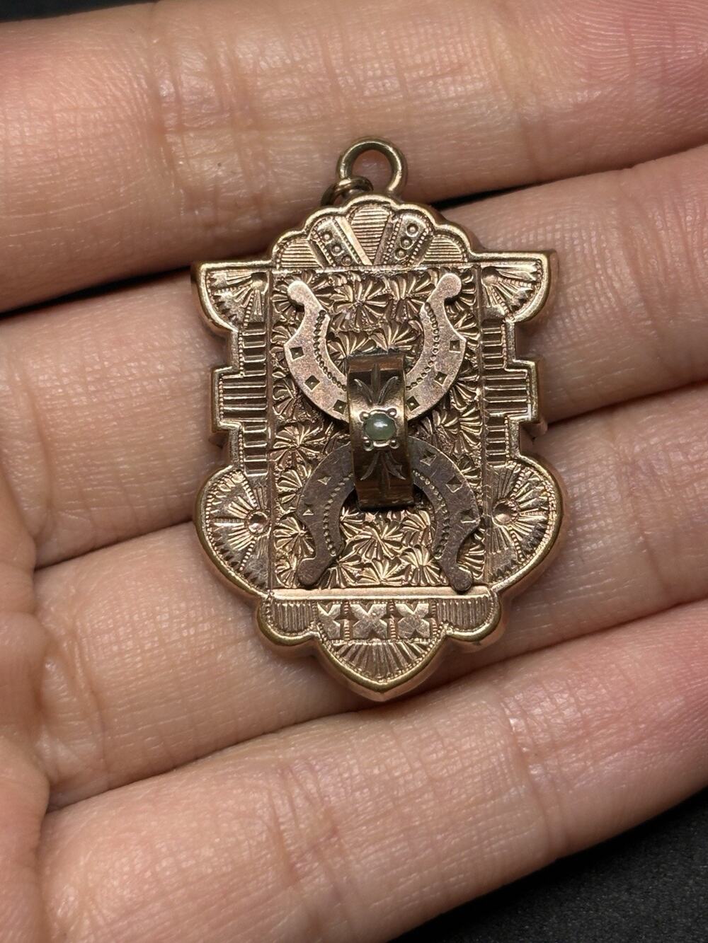 Antique Victorian Locket Pendant Engraved Horseshoe Seed Pearl Gold Filled